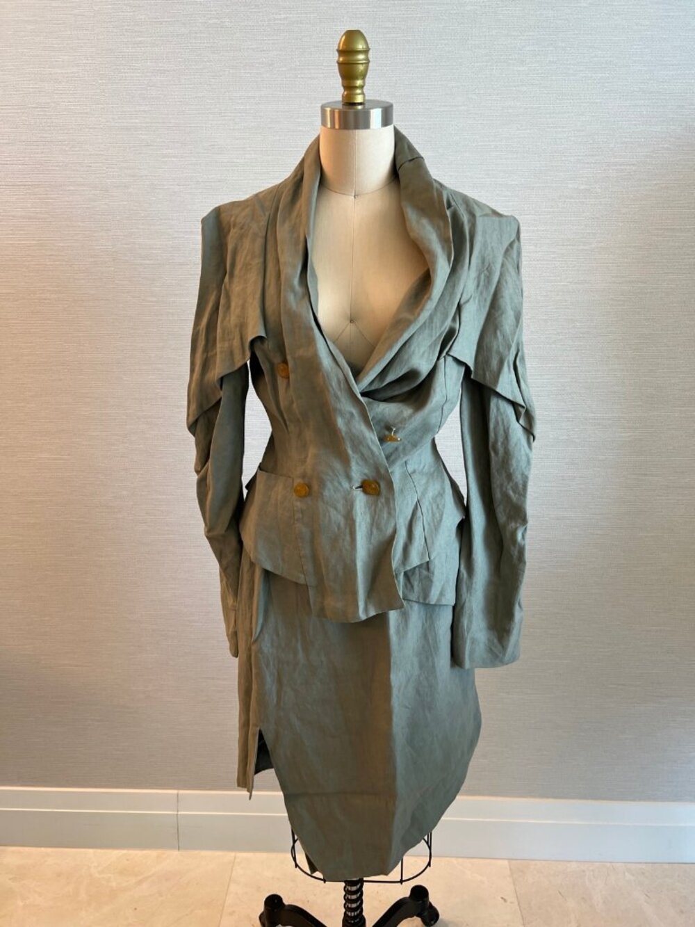 Vivienne Westwood Gold Label Linen Blazer Skirt Suit Sage Green US 10